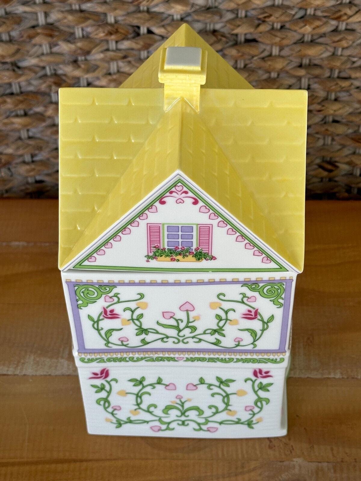 Vintage Lenox Village Cookie Cottage Jar Canister 1991 Yellow Floral Porcelain