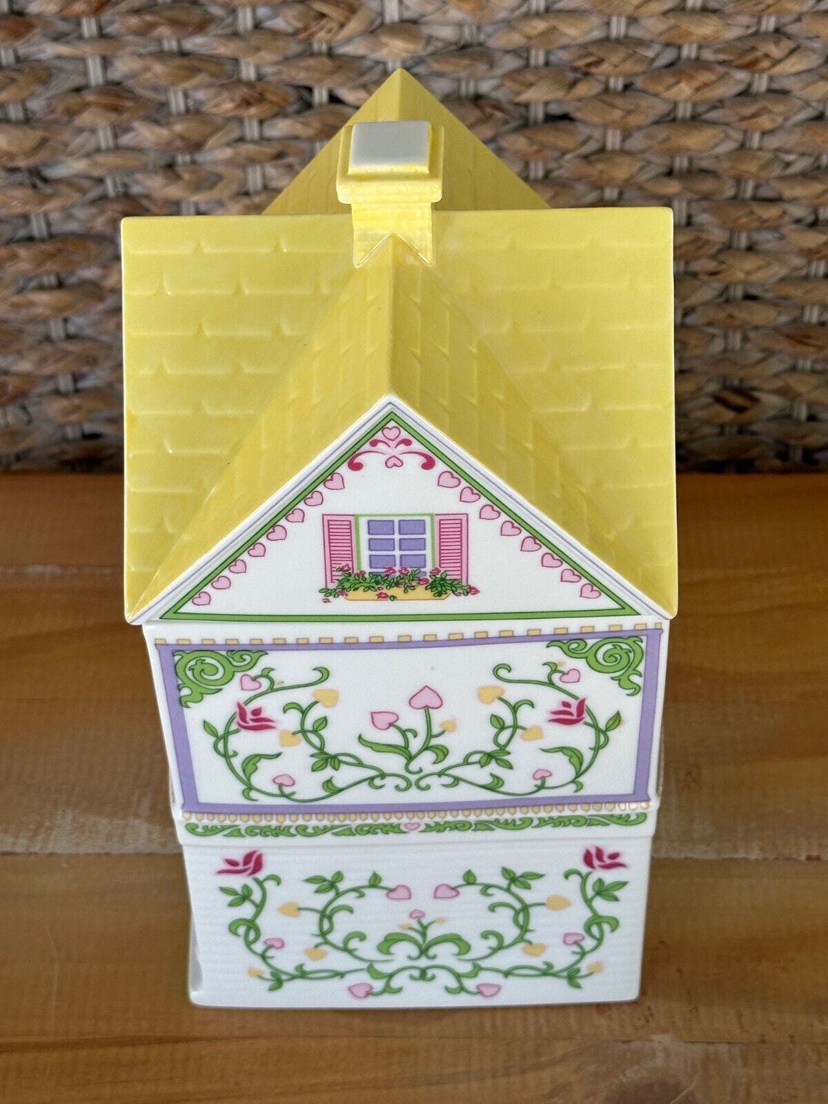 Vintage Lenox Village Cookie Cottage Jar Canister 1991 Yellow Floral Porcelain