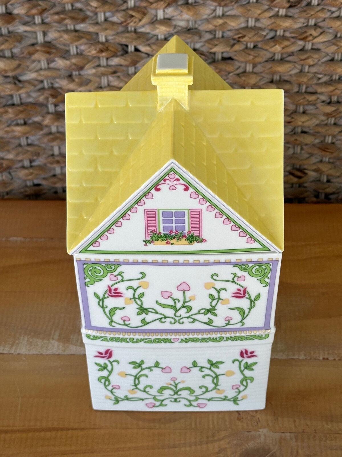 Vintage Lenox Village Cookie Cottage Jar Canister 1991 Yellow Floral Porcelain