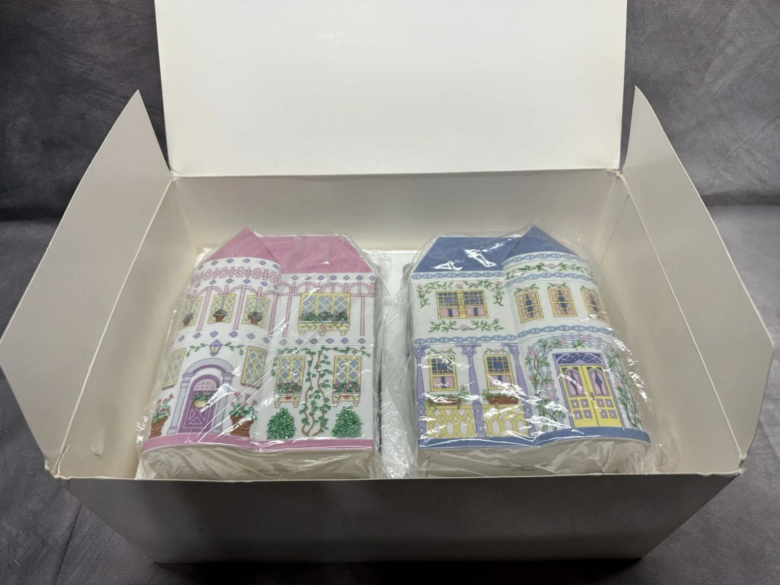 LENOX SPICE VILLAGE Planters Set 2 Pink & Blue 1993 Vintage w/ COA Box Porcelain