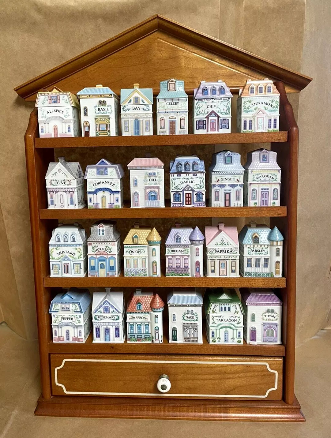 Rare Vintage Porcelain Lenox Spice Village & Rack, 24 Spice Cottages, Very Good Condition, No Chips/Cracks, 1989, Vivid Colors, Beautiful
