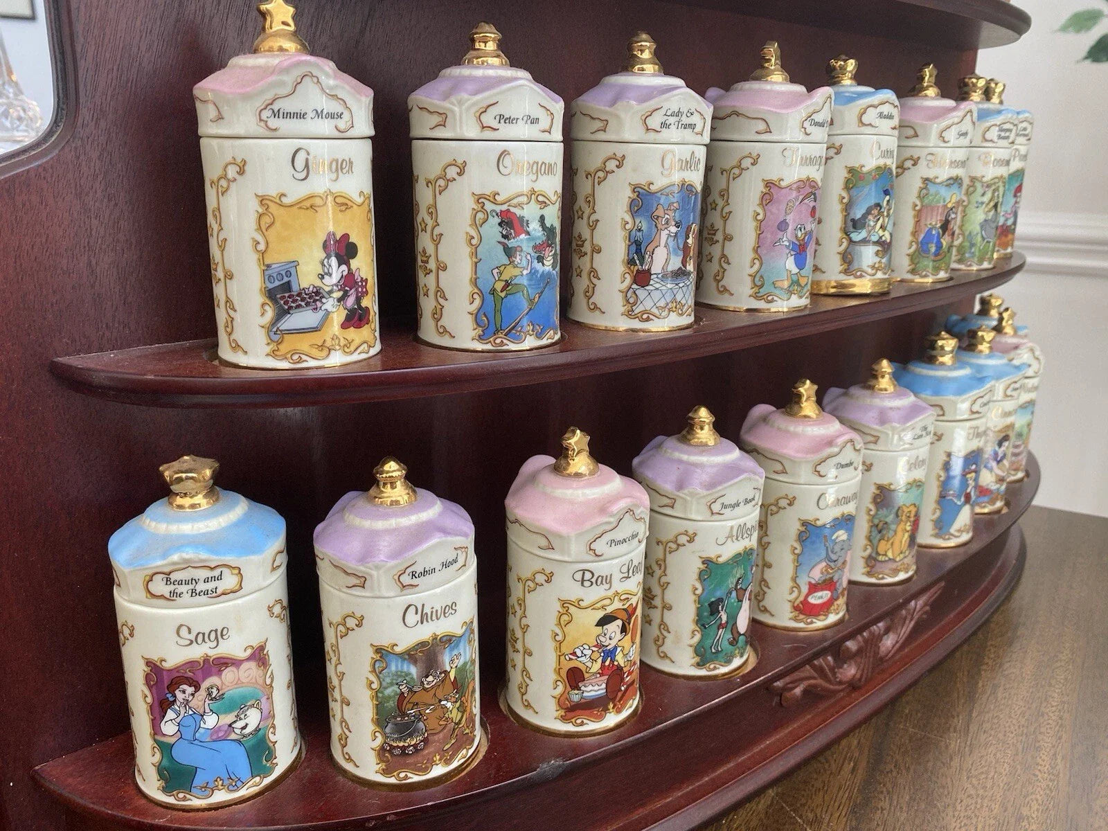 Rare 1995 Lenox Disney Fine Porcelain Spice Jar Collection with Wooden Display