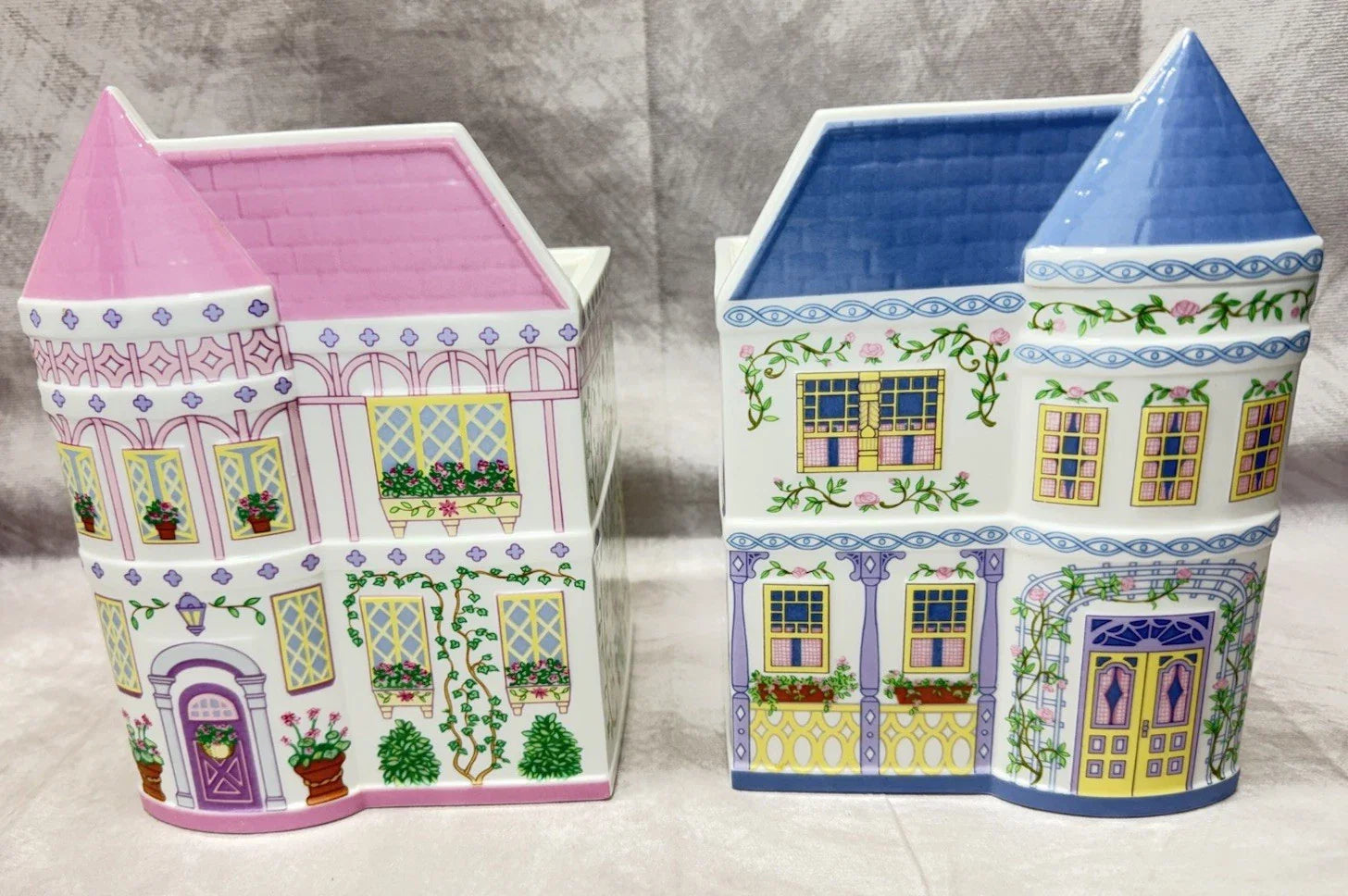 LENOX SPICE VILLAGE Planters Set 2 Pink & Blue 1993 Vintage w/ COA Box Porcelain