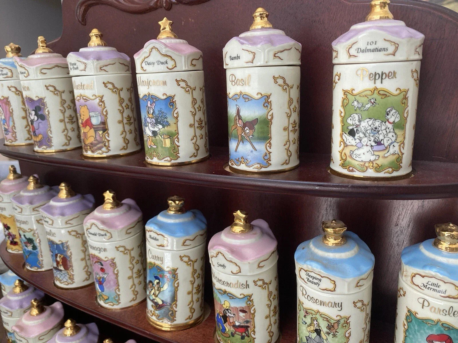 Rare 1995 Lenox Disney Fine Porcelain Spice Jar Collection with Wooden Display