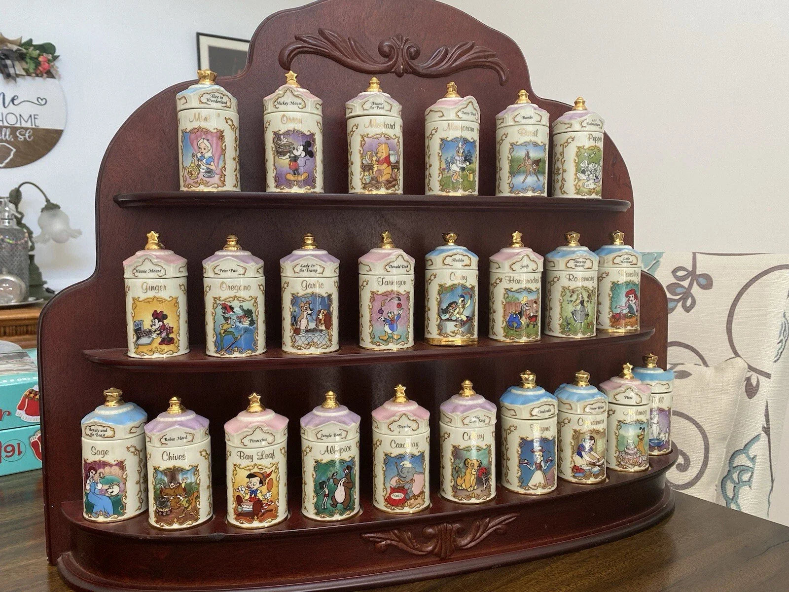 Rare 1995 Lenox Disney Fine Porcelain Spice Jar Collection with Wooden Display