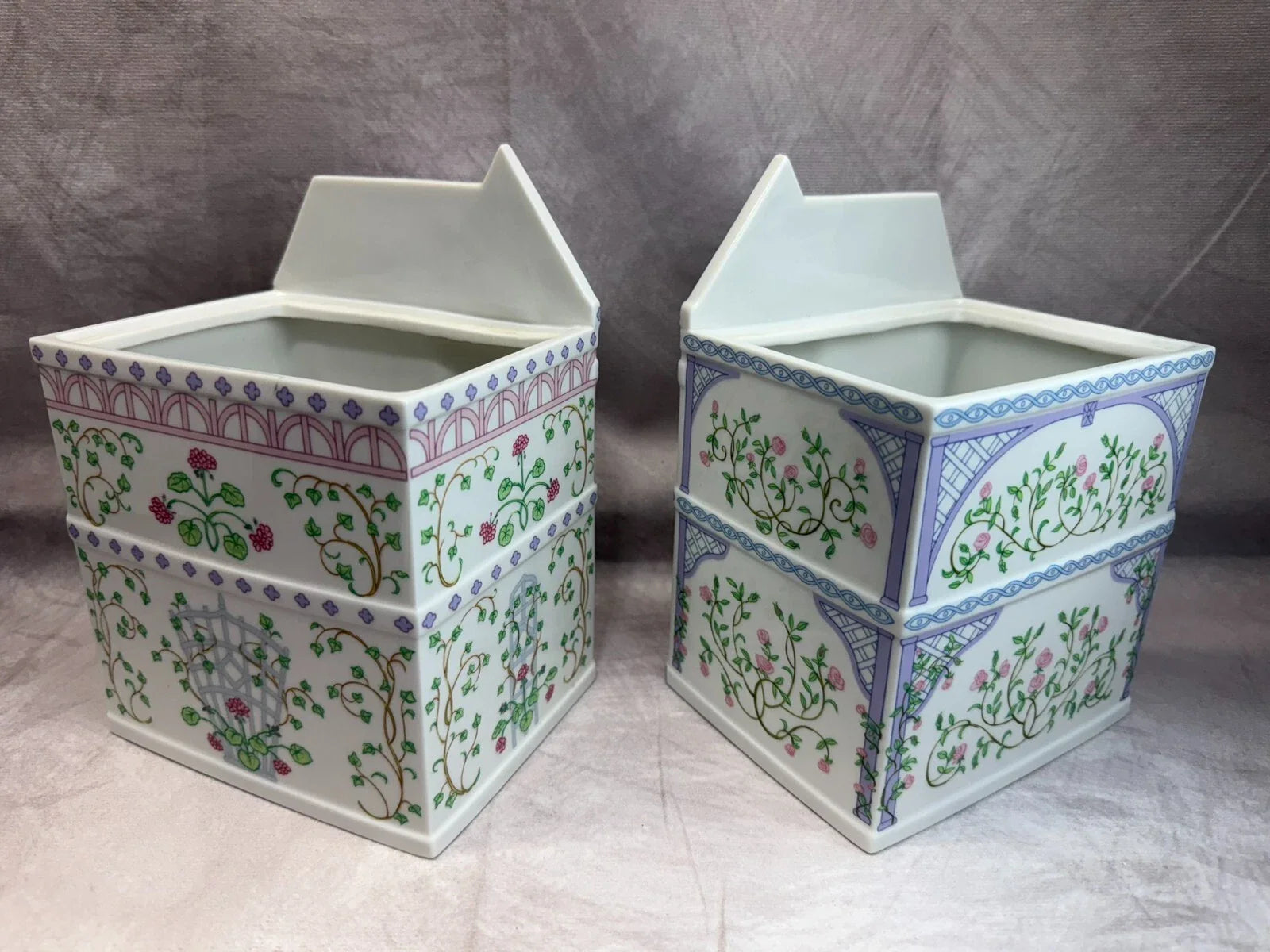 LENOX SPICE VILLAGE Planters Set 2 Pink & Blue 1993 Vintage w/ COA Box Porcelain