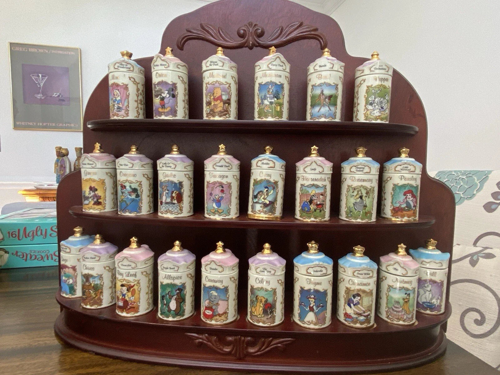 Rare 1995 Lenox Disney Fine Porcelain Spice Jar Collection with Wooden Display
