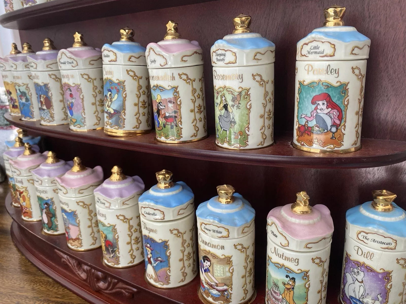 Rare 1995 Lenox Disney Fine Porcelain Spice Jar Collection with Wooden Display