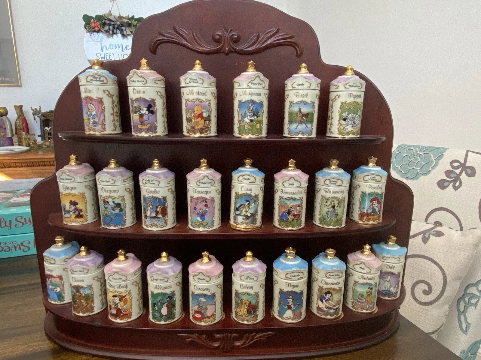 Rare 1995 Lenox Disney Fine Porcelain Spice Jar Collection with Wooden Display