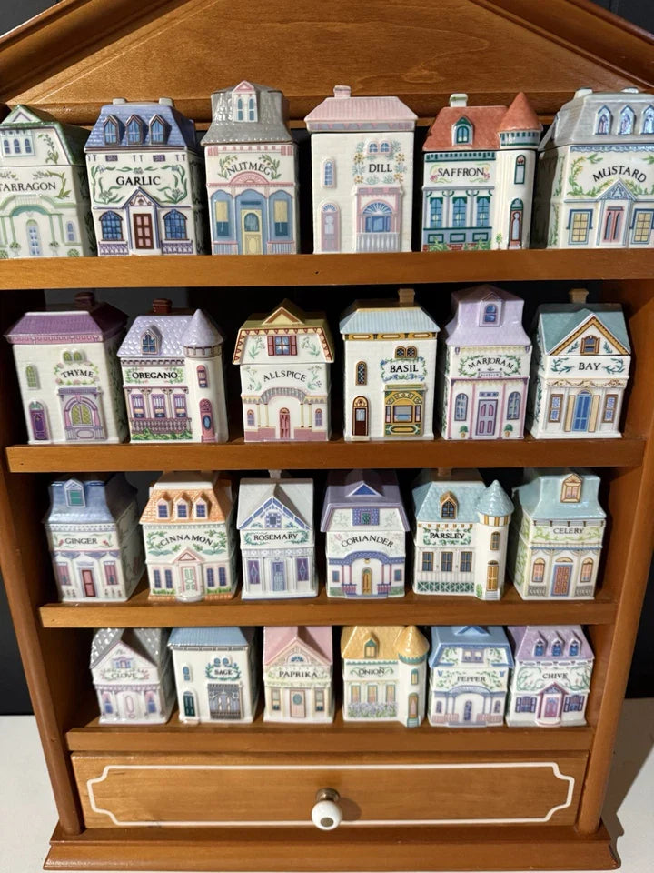 Vintage 1989 Lenox Spice Village Spice Jar Complete Set Of 24 Houses With Rack